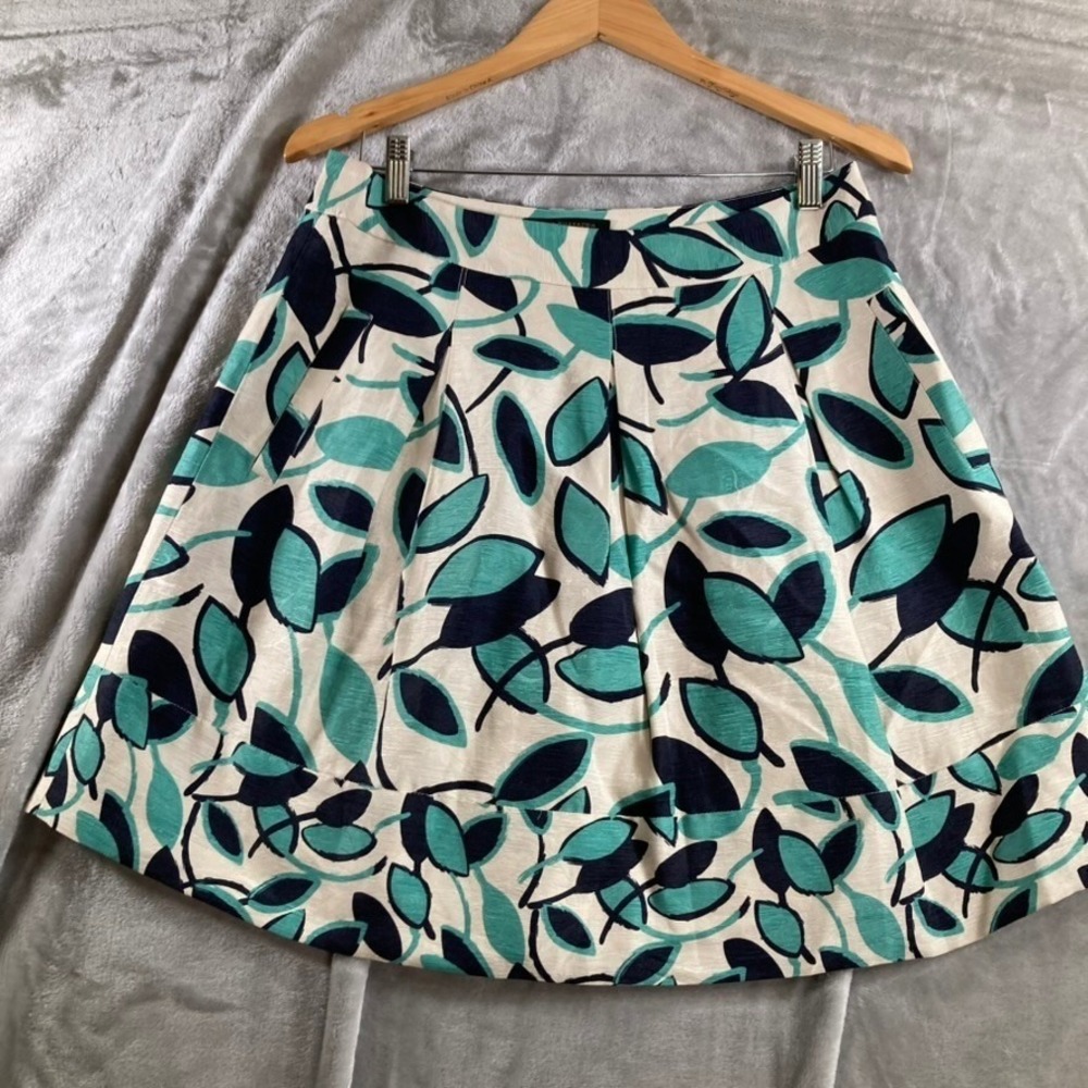 BCBGMAXAZRIA Women's Size 6 Silk Linen Leaf Print A-Line Pleated Skirt Teal Navy